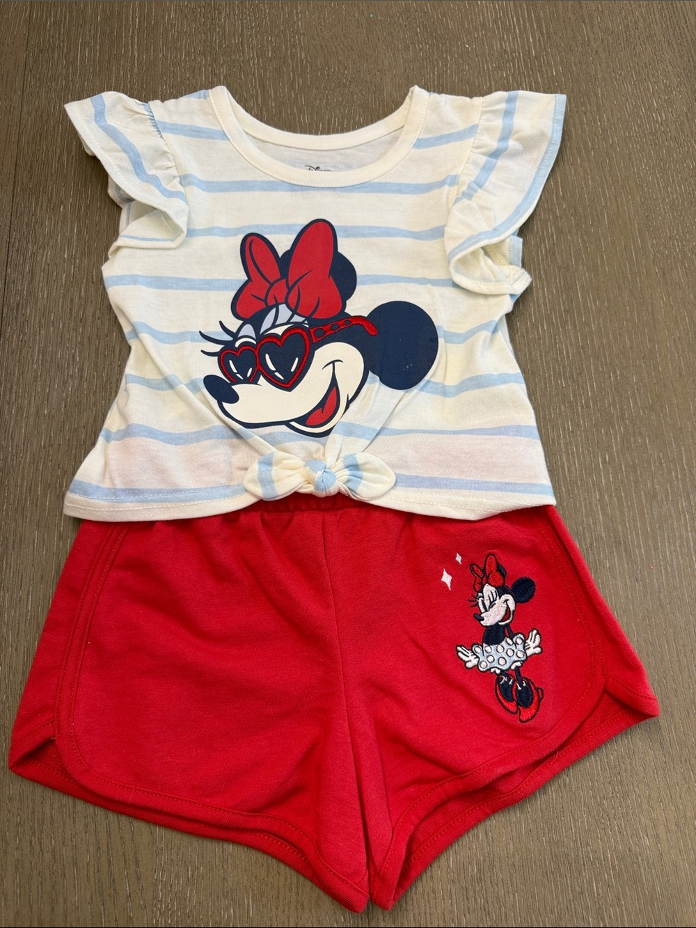 Disney Cream & Light Blue Striped Minnie Mouse Top with Red Minnie Shorts